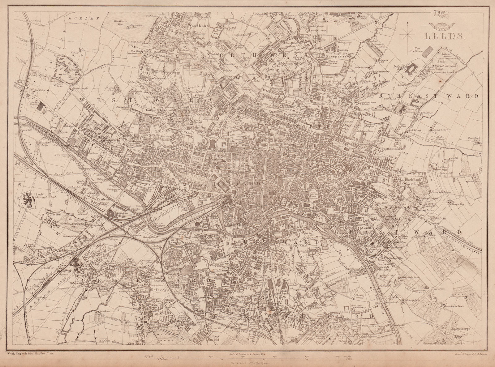 LEEDS. Large town/city plan by BR DAVIES for the Dispatch Atlas 1862 old map